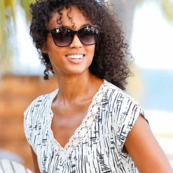 T-shirt imprimé, col V macramé