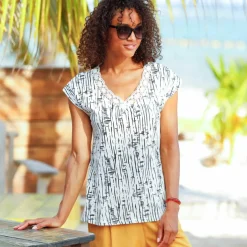 T-shirt imprimé, col V macramé