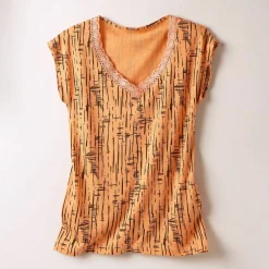 T-shirt imprimé, col V macramé