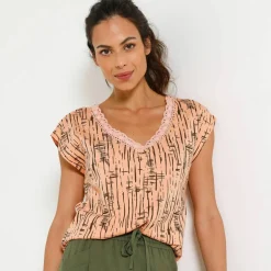T-shirt imprimé, col V macramé