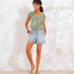 T-shirt imprimé, col V macramé