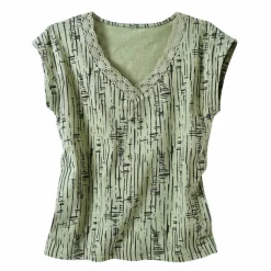 T-shirt imprimé, col V macramé