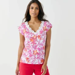 T-shirt imprimé, col V macramé