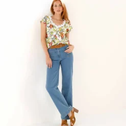 T-shirt imprimé, col V macramé