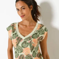 T-shirt imprimé végétal, col macramé