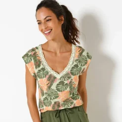 T-shirt imprimé végétal, col macramé