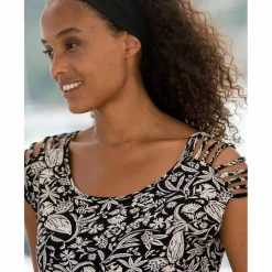 T-shirt laçage épaules imprimé bicolore, maille