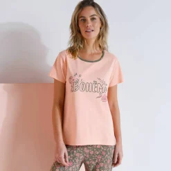 T-shirt manches courtes coton uni imprimé placé 