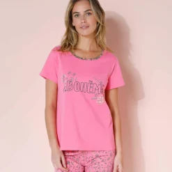 T-shirt manches courtes coton uni imprimé placé 