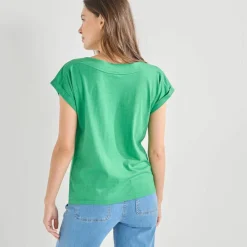 T-shirt uni col bateau, manches courtes