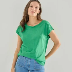 T-shirt uni col bateau, manches courtes