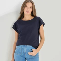 T-shirt uni col bateau, manches courtes