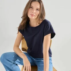 T-shirt uni col bateau, manches courtes