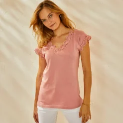 T-shirt uni col V macramé