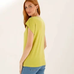 T-shirt uni, col V macramé