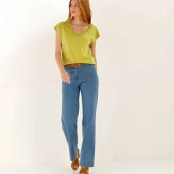T-shirt uni, col V macramé