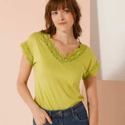 T-shirt uni col V macramé