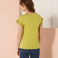 T-shirt uni col V macramé