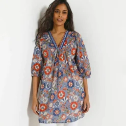 Tunique fluide imprimée col V, voile de coton