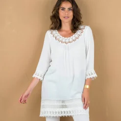 Tunique macramé manches 3/4, crépon