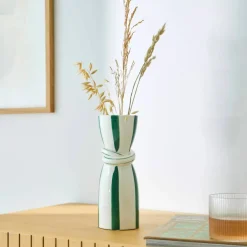 Vase grès rayé blanc vert