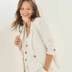 Veste blazer rayée, viscose-lin