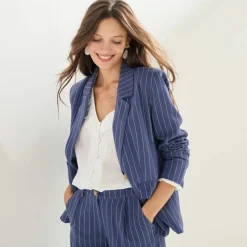 Veste blazer rayée, viscose-lin