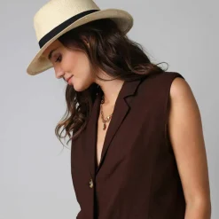 Veste blazer sans manches col tailleur, en viscose-lin