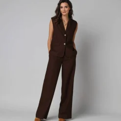 Veste blazer sans manches col tailleur, en viscose-lin