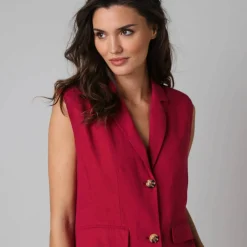 Veste blazer sans manches col tailleur, en viscose-lin