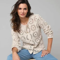 Veste boutonnée à poches, en macramé