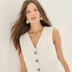 Veste style cafetier sans manches rayée, viscose-lin