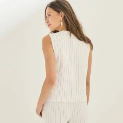 Veste style cafetier sans manches rayée, viscose-lin