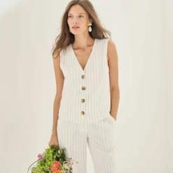 Veste style cafetier sans manches rayée, viscose-lin