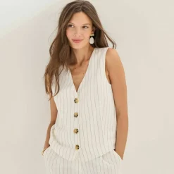 Veste style cafetier sans manches rayée, viscose-lin