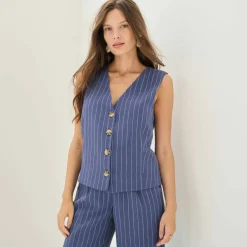 Veste style cafetier sans manches rayée, viscose-lin